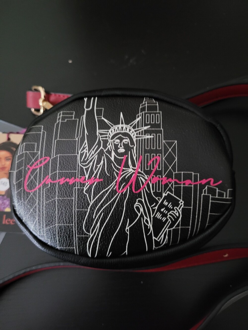 Nicole Lee "Career Woman" Black Oval Crossbody Bag / Belt Bag with Pink Script